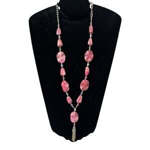 Agate Pink Hue Long Necklace Swirling Design Silver Tone 24”-30” TESTED